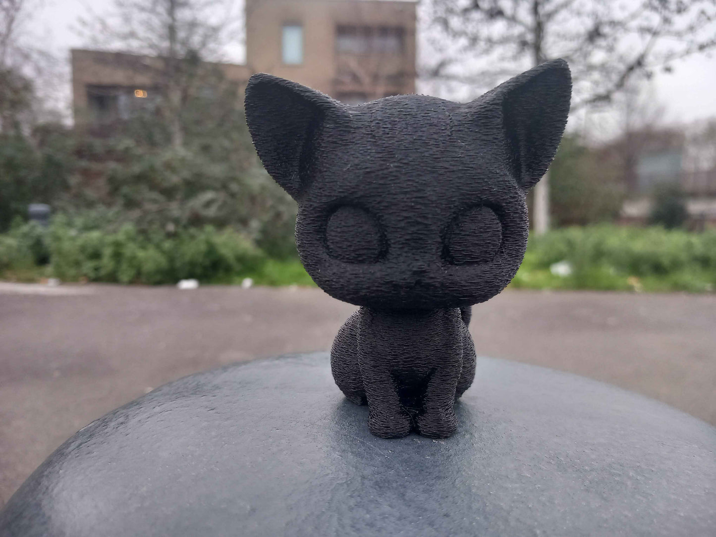 Carbon Fiber PETG-CF 3D Printed Cute Cat Figurine - Chibi Black Kitten Statue with Matte Texture