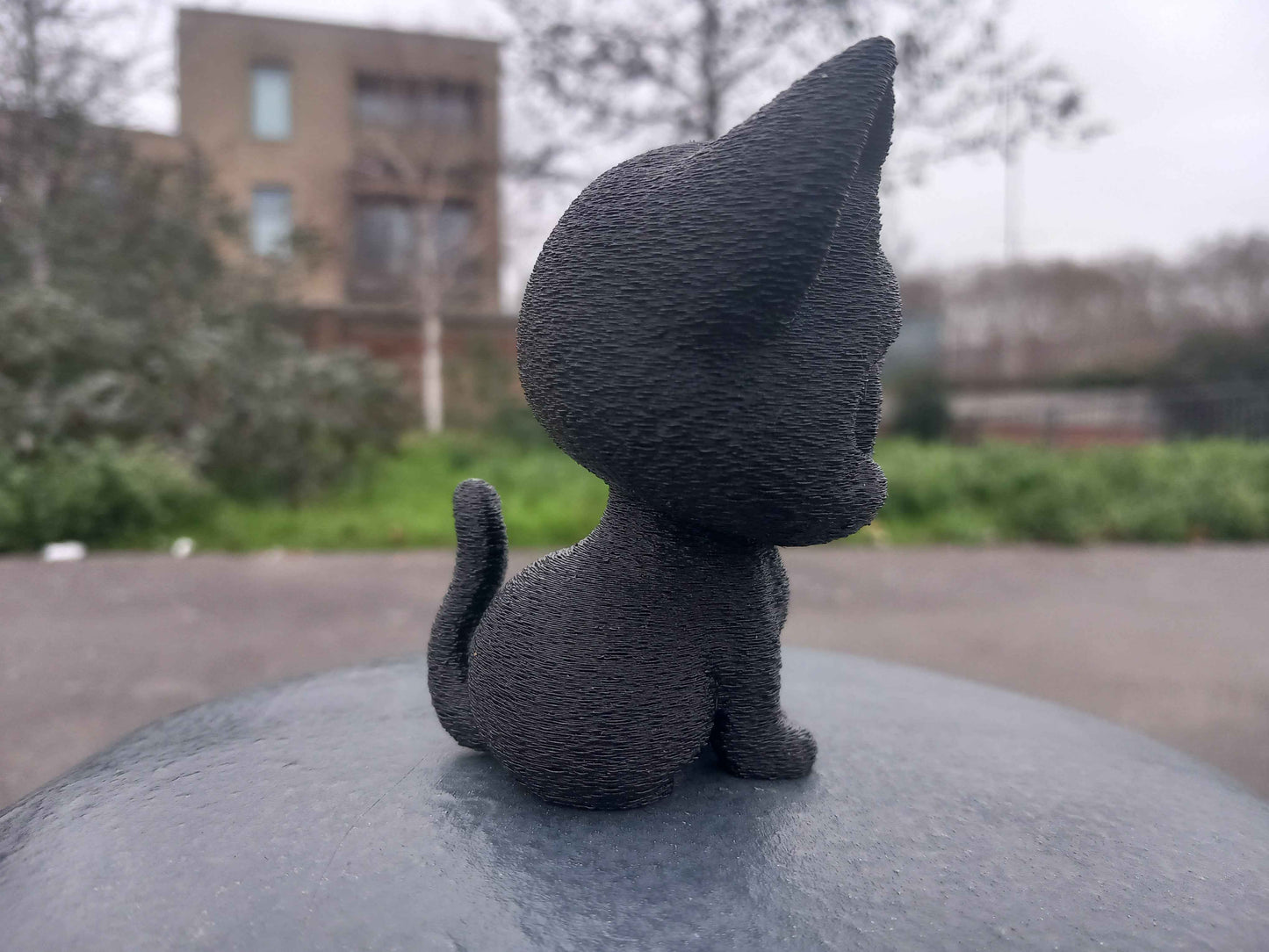 Carbon Fiber PETG-CF 3D Printed Cute Cat Figurine - Chibi Black Kitten Statue with Matte Texture